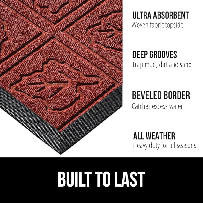 GORILLA GRIP 100% Waterproof All-Season WeatherMax Doormat 35x23, US Designed Natural Rubber, Stain and Fade Resistant, Low Profile Indoor Outdoor Door Mats, Easy Clean Patio Mat, Burgundy Leaves-Ruum Studio Home