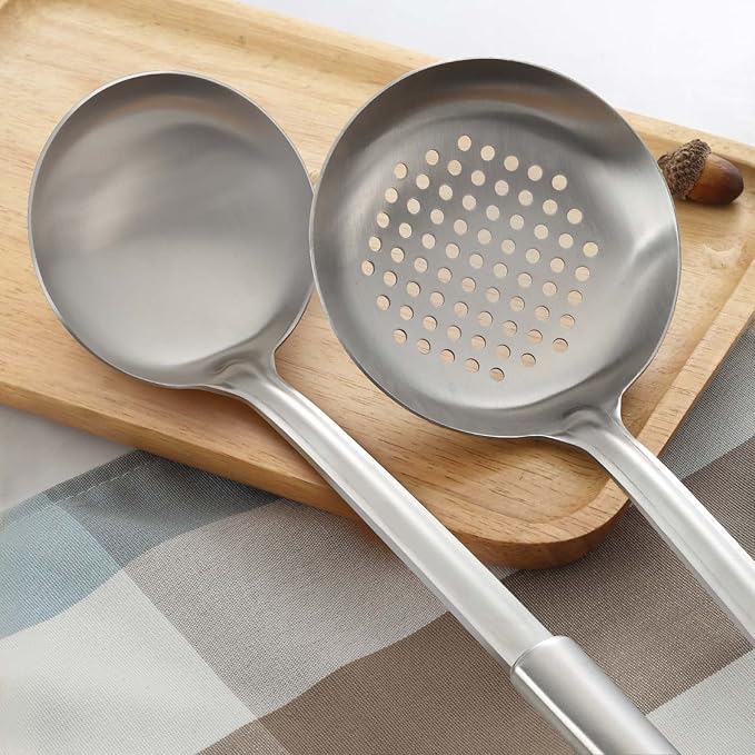 Pleafind 2-Pcs Ladle and Slotted Spoon, Soup Ladle and Strainer Spoons, Stainless Steel Cooking Spoon and Skimmer Spoons, Kitchen Utensils, Wok Utensils for Home and Restaurant, Dishwasher Safe-Ruum Studio Home