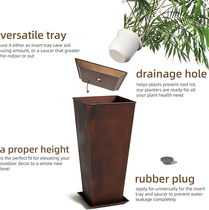 KOL 25''H. Tall Galvanized Steel Planter with Saucer, Set of 2, Planter Pots with Drainage Hole for Indoor & Outdoor Use, Decorative Flower Plant Pots for Front Porch, Patio, Deck - Rust Color-Ruum Studio Home