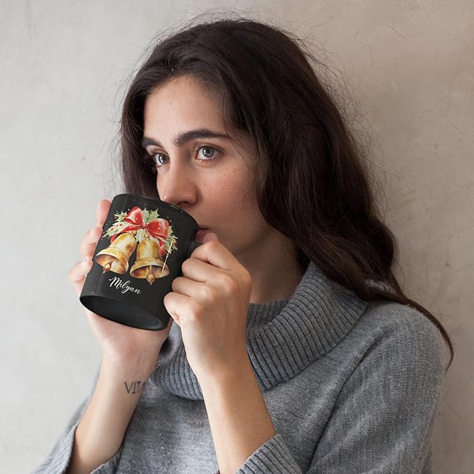 Christmas Jingle Bells Design Ceramic Mug, Custom Christmas Themed Cup With Name, Gift For Sibling, Personalized Coffee Mug With Jingle Bells Design, Customized Xmas Black Cup 11oz 15oz-Ruum Studio Home