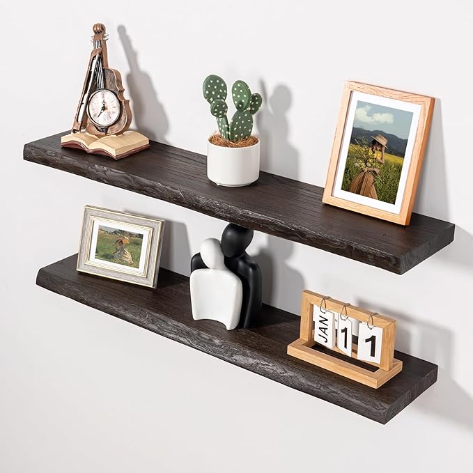 Axeman 32 inch Floating Shelves for Wall - 8'' D Live Edge Rustic Solid Elm Wood Floating Shelves Wall Mounted, Wall Shelves with Invisible Bracket for Living Room Bedroom Kitchen, Set of 2 Walnut-Ruum Studio Home