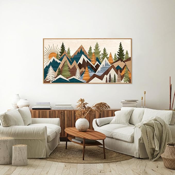 Tinonedraw Large Metal Mountain Framed Canvas Wall Art, Boho Rustic Sunrise Forest Wall Decor, 3 Piece Vintage Nature Artwork, Modern Wilderness Art Print for Living Room Bedroom Office 20"x40"-Ruum Studio Home