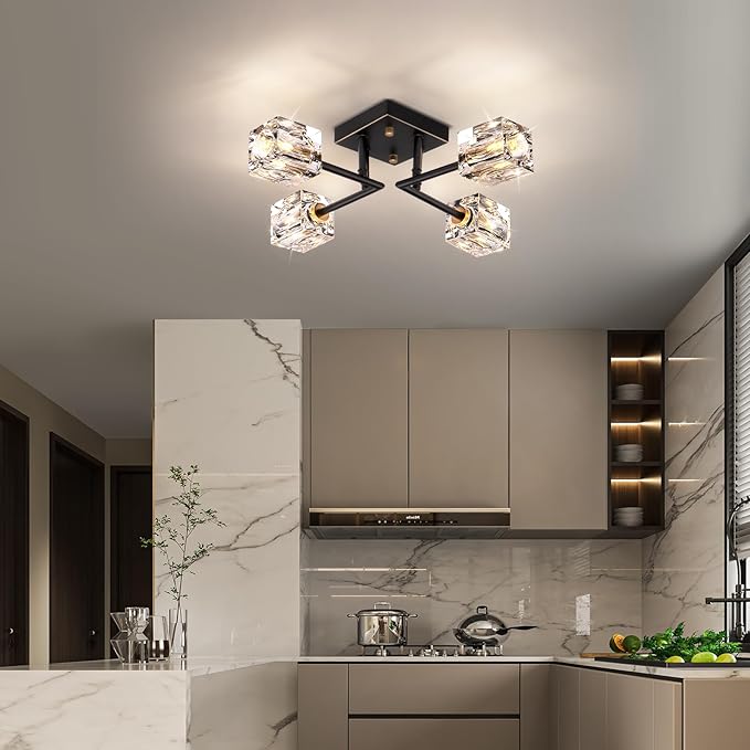 Modern Crystal Ceiling Light,Semi Flush Mount Ceiling Light Fixture with 4-Lights,Black and Gold Sputnik Chandeliers for Bedroom,Dining Room,Farmhouse Kitchen,Office,Entryway Hallway-Ruum Studio Home