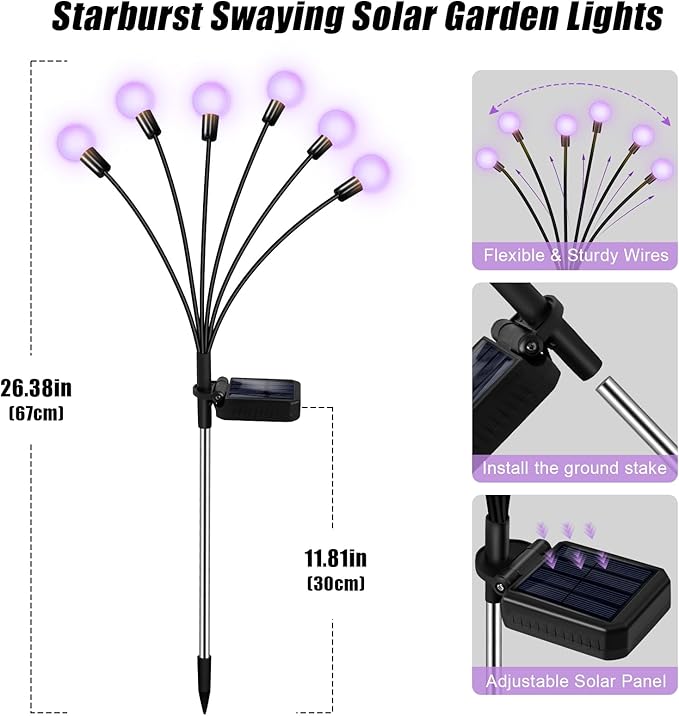 Solar Lights Outdoor Garden Purple – 36 LEDs Solar Firefly Lights, Purple Swaying Lights Outdoor Waterproof, 6 Pack 6 Heads Garden Decorative for Yard Patio Pathway Lawn Decorations-Ruum Studio Home