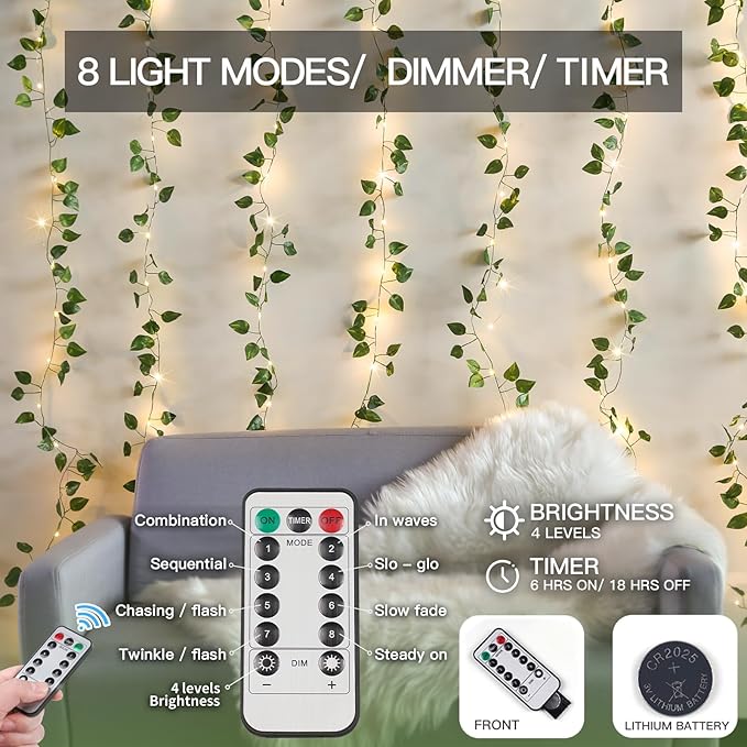 suddus Vines with Lights, 200 LED Fairy Lights with Vines, Pothos Curtain String Lights with Remote for Bedroom, Dorm, Wedding, Party, Wall, Indoor, Outdoor Decor, 6.5ft x 6.5ft-Ruum Studio Home