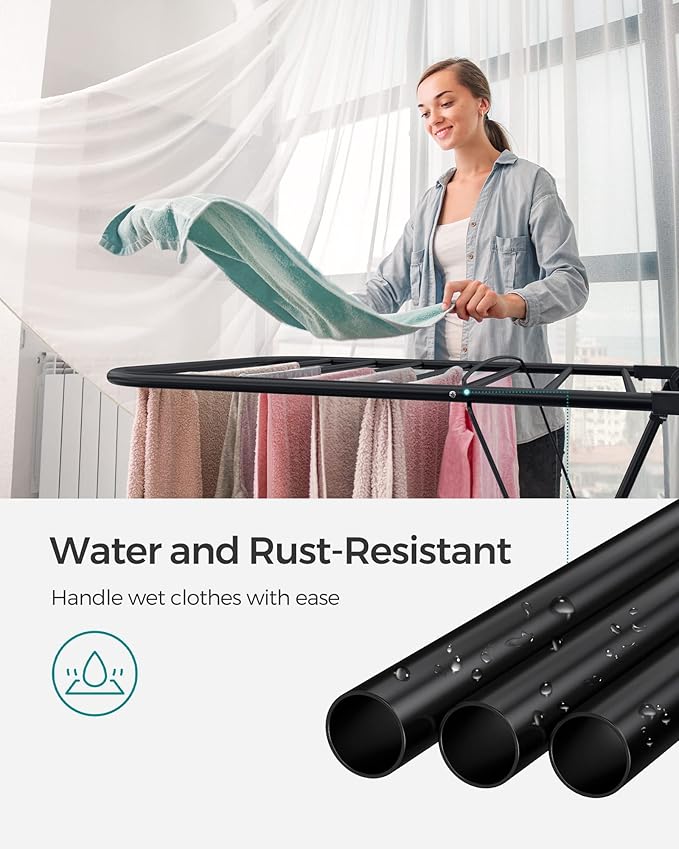 SONGMICS Clothes Drying Rack, Foldable 2-Level Laundry Drying Rack, Free-Standing Laundry Airer, with Height-Adjustable Wings, 33 Drying Rails, Sock Clips, Black ULLR053B01V1-Ruum Studio Home