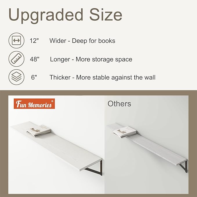 12 Inch Deep Floating Shelves, White Floating Shelves 48W x 12D, Deep Wall Shelves Bracket Set of 2, Large Display Hanging Floating Shelf for Bathroom, Living Room, Wide Storage Wooden Wall Shelf-Ruum Studio Home