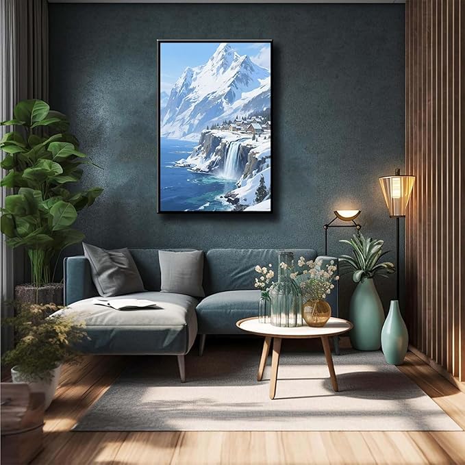 Winter lakeside town and snowy scenery merge together to form a landscape poster wall art suitable for living room bedroom and office-Ruum Studio Home