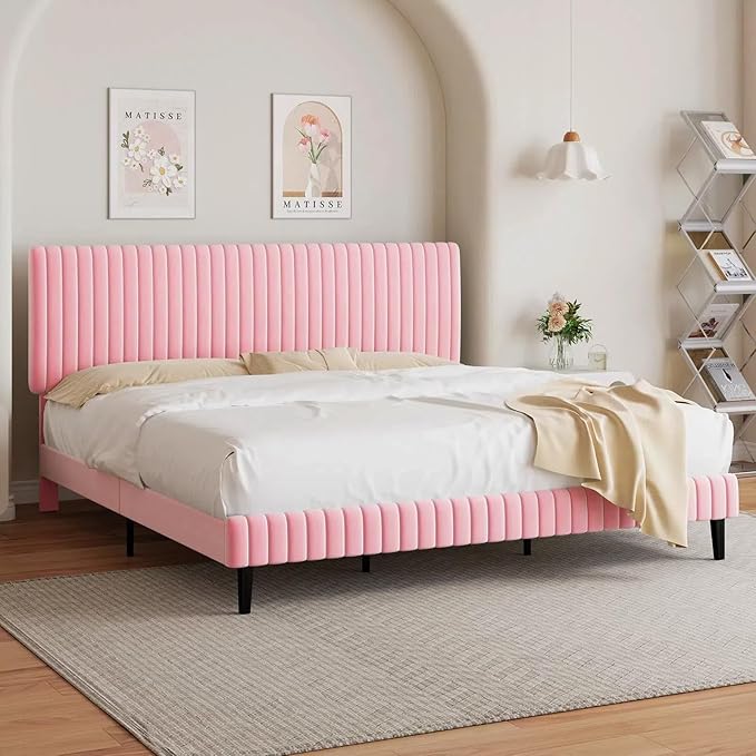 King Size Bed Frame with Headboard, Velvet Upholstered Platform Bed with Vertical Channel Tufted Design, No Box Spring Required, Easy Assembly, Pink-Ruum Studio Home