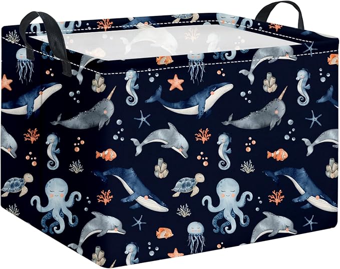 HIYAGON Rectangular Ocean Basket Kids Baby Storage Bin Toy Organizer Box for Boys Under the Sea Nursery Decor(Ocean)-Ruum Studio Home