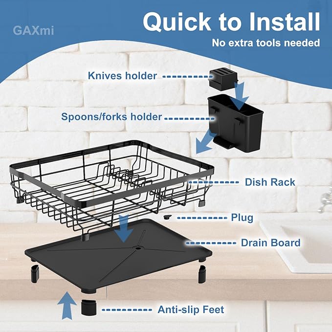 GAXmi Dish Drying Rack Over The Sink Drainer with Drainboard Utensil Holder, 1-Tier Black-Ruum Studio Home