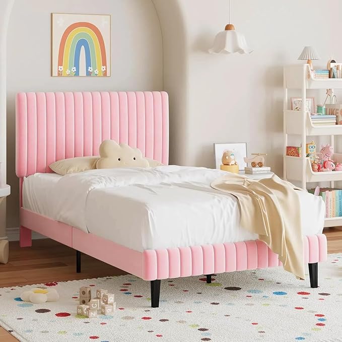 Twin Size Bed Frame, Velvet Upholstered Platform Bed with Vertical Channel Tufted Headboard and Footboard, No Box Spring Required, Easy Assembly, Pink-Ruum Studio Home