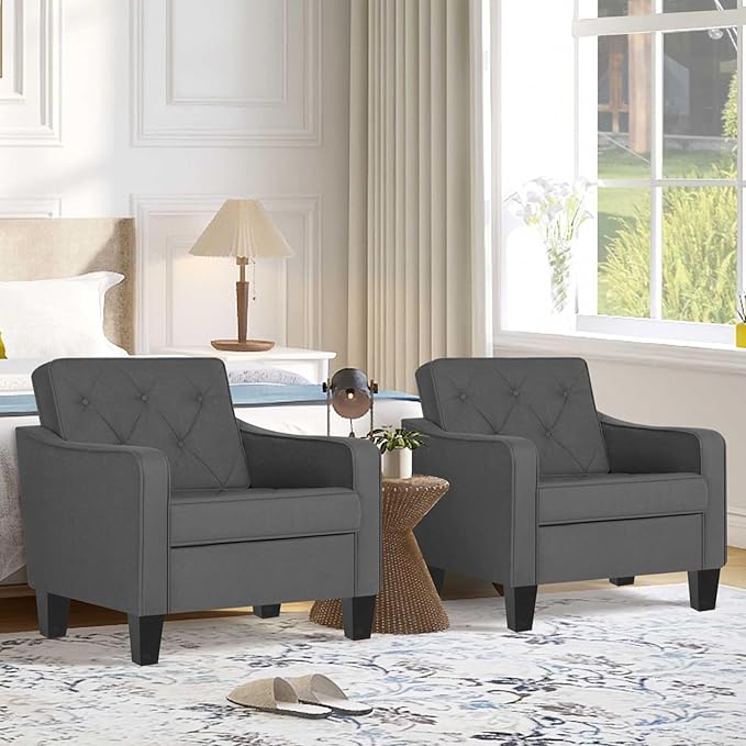 STHOUYN Living Room Chairs Accent Chairs Set of 2, Waiting Room Arm Chairs, Reading Chairs for Bedroom Comfy Club Chair Tufted, Office Small Space (2, Grey)-Ruum Studio Home
