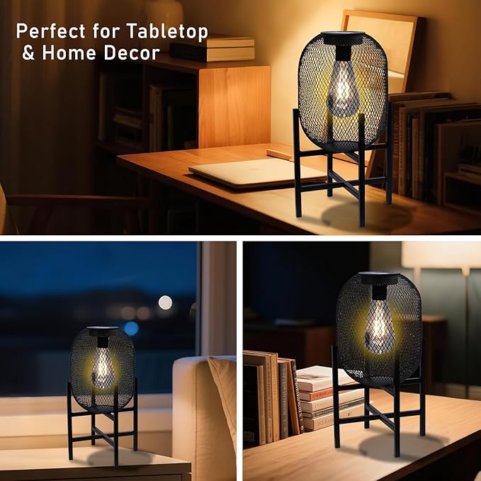 Solar Mesh Lantern Outdoor – 13.8" Tall Black Metal Patio Light with Edison Glass Bulb, Solar Powered Warm Glow LED, Waterproof IP65 for Garden, Porch, Deck, Tabletop Decor-Ruum Studio Home