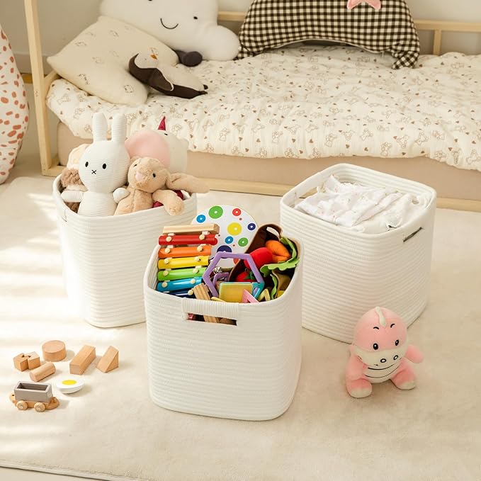OIAHOMY Storage Cubes 11 Inch - 3 Pack, Cotton Rope Woven Baskets for Organizing, Square Storage Baskets for Shelves Organizer, Classroom, Kids Toy Bins, Closet, Baby Nursery-White-Ruum Studio Home