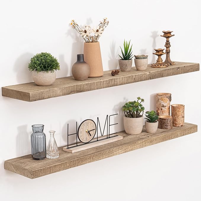 Floating Shelves Reclaimed Barnwood, 8" Deep Solid Wood Floating Shelf Wall Hanging Shelves with Invisible Heavy-Duty Metal Bracket | Wall Mounted | Farmhouse Style | 40 inches,2PCS,Natural-Ruum Studio Home