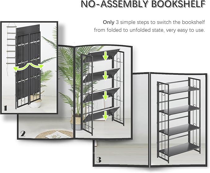 4NM No Assembly 4 Tiers Folding Bookshelf, 47.2" H Foldable Storage Shelves Vintage Bookcase Standing Racks Study Organizer Home Office - All Black-Ruum Studio Home