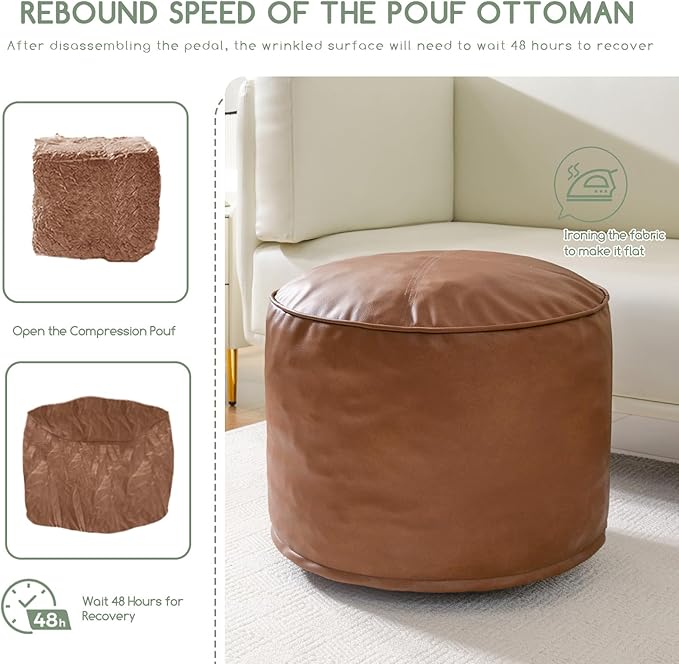 HIGOGOGO Round Stuffed Pouf Ottoman, Pu Leather Poufs with Foam Chunk Filling Foot Stool Storage Ottoman, 26 X 18 Floor Poufs Foot Rest for Living Room, Brown-Ruum Studio Home