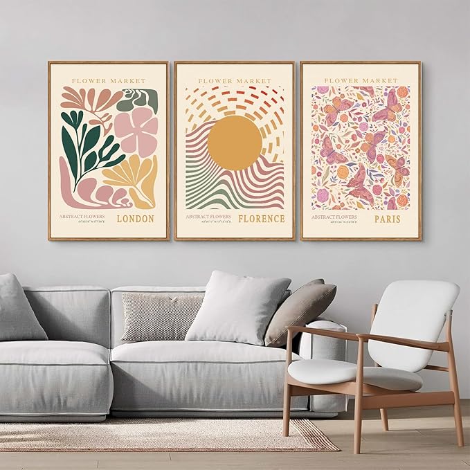 Tinonedraw Boho Flower Market Framed Canvas Wall Art Set, Pink Beige Cute Butterfly Wall Decor, Colorful Abstract Floral Wall Painting, Modern Matisse Art Print for Girls Room Bedroom Office Nursery 16"x24"x3-Ruum Studio Home