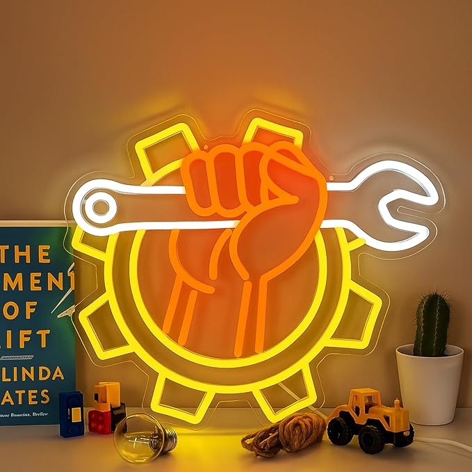Wrench Neon Sign for Wall Decor – USB Powered LED Garage Sign with Dimmer, Car Room Accent Light, Auto Repair Workshop Wall Lamp, Man Cave Neon Decor, Gift for Dad or Car Enthusiast 13"x14.3"-Ruum Studio Home