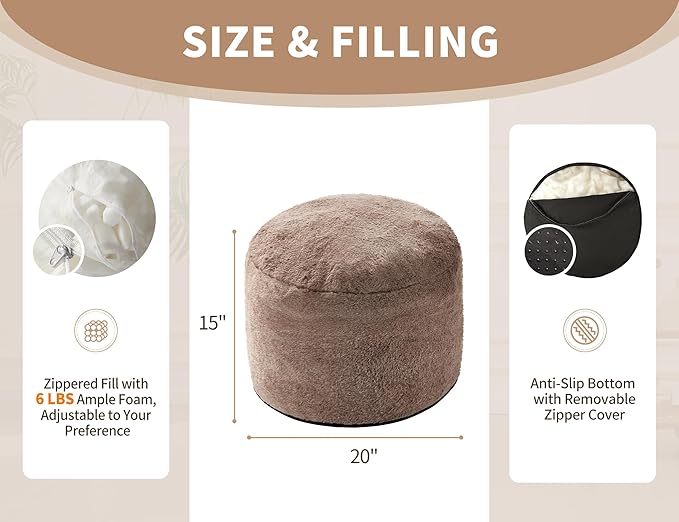 Round Pouf Ottoman 20"x15" Bean Bag Ottoman Soft Top Comfortable Small Foot Stool Foot Rest Pouf Brown Tall Footstool Ottomans Round Hassock Fluffy Boho Furniture Small Ottomans for Living Room-Ruum Studio Home