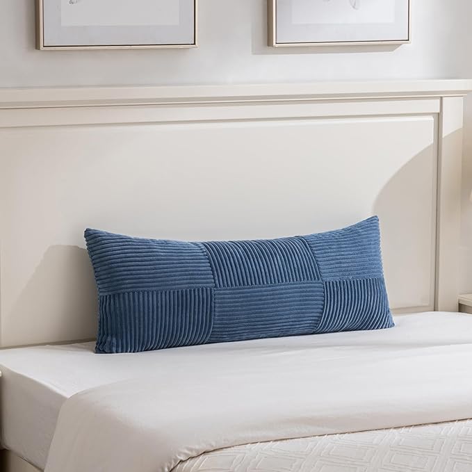 Fancy Homi Set of 2 Dusty Blue Boho Long Lumbar Body Decorative Throw Pillow Cover 14x36 Inch for Bed Couch Bedroom Bench, Soft Patchwork Corduroy Textured Pillow Case, Rustic Farmhouse Room Décor-Ruum Studio Home