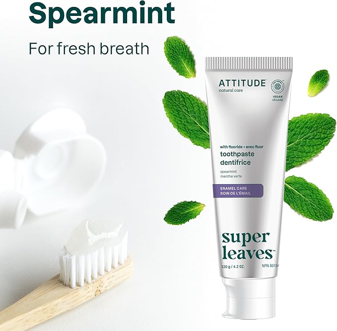 ATTITUDE Enamel Repair Toothpaste with Fluoride, Spearmint Flavor, Vegan & Cruelty-Free, Sugar-Free, Plant & Mineral-Based Ingredients, Clean Oral Care, 4.2 Oz-Ruum Studio Home