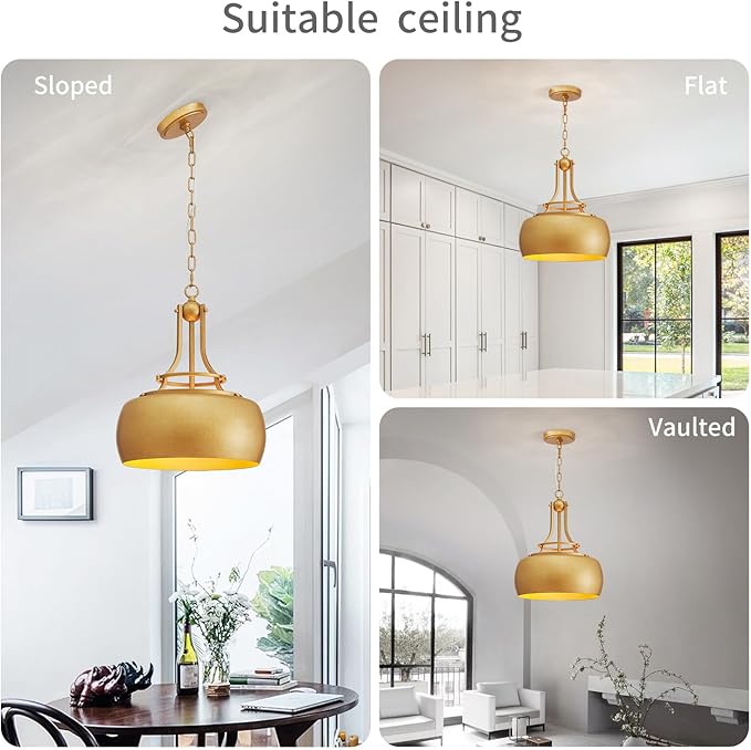 WUZUPS Chandelier Rustic Farmhouse Industrial Round Ceiling Pendant LED Light Fixture with Open Bottom Drum Shade, H 15.7" x W 13.4", Antique Gold-Ruum Studio Home