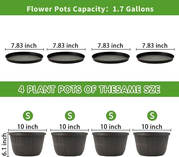 Quarut 10 inch Plastic Flower Pots for Outdoor Plants，4 Pack Large Outdoor Planter Pot with Drainage Holes & Saucers，Imitation Wine Barrel Design，for Indoor Outdoor Garden Plants（Brown）-Ruum Studio Home