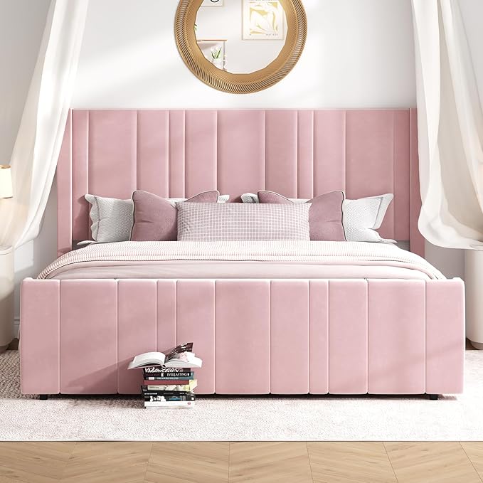 HOMBCK King Size Bed Frame and Headboard, Upholstered Bed with Vertical Channel Tufted Headboard & Footboard, Wooden Slats/Noise Free/No Box Spring Needed/Easy Assembly, Pink-Ruum Studio Home