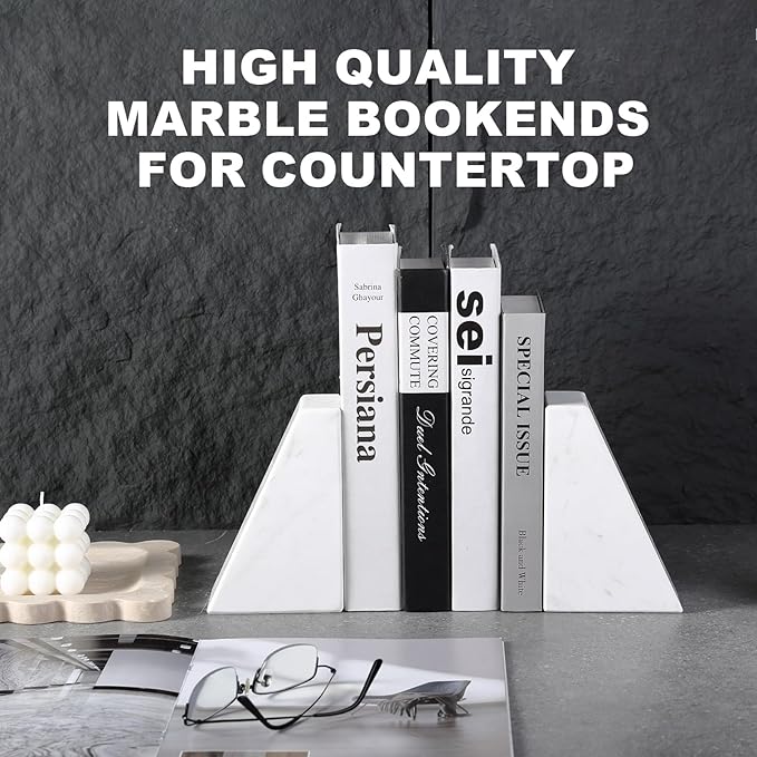 Marble Bookends for Heavy Books, Decorative Book Ends for Shelves, White Stone Durable and Heavy-Duty Book Ends for Hardback Books & CDS, Unique Book Stopper & Holder, Set of 2-Ruum Studio Home