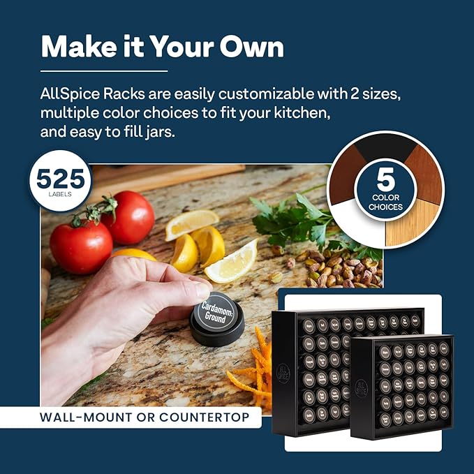 AllSpice Spice Rack Organizer, Wood, 525 Unique Labels, Countertop or Wall Mount, Includes 60 4oz Jars- Matte Black-Ruum Studio Home