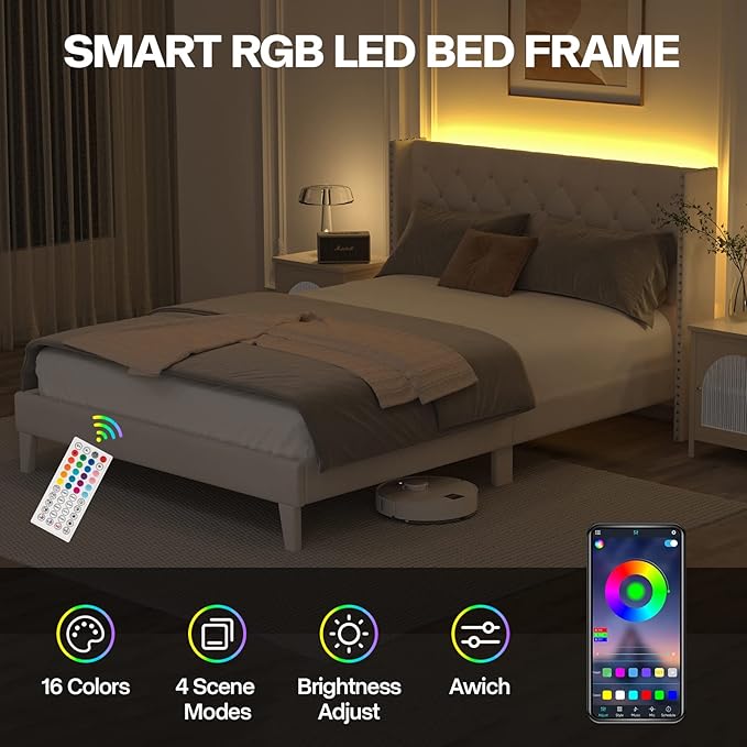 Full Size Bed Frame with Wingback Headboard, Upholstered Platform Bed Frame with Diamond Tufted Headboard & Lights, Wood Slat, Easy Assembly, Noise-Free, No Box Spring Needed, Beige-Ruum Studio Home