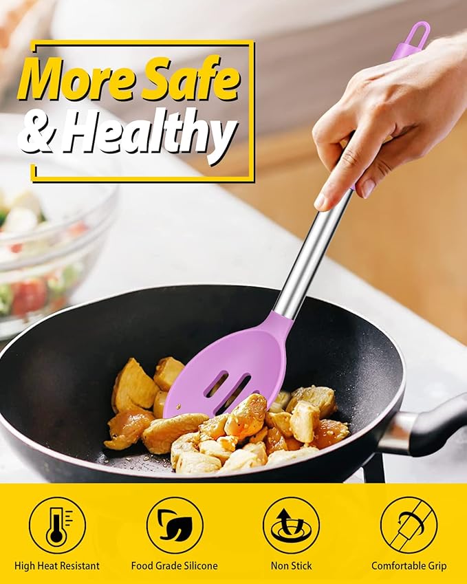 Pack of 2 Large Silicone Cooking Spoons,Non Stick Solid Basting Spoon,Heat-Resistant Kitchen Utensils for Mixing,Serving,Draining,Stirring (PURPLE)-Ruum Studio Home