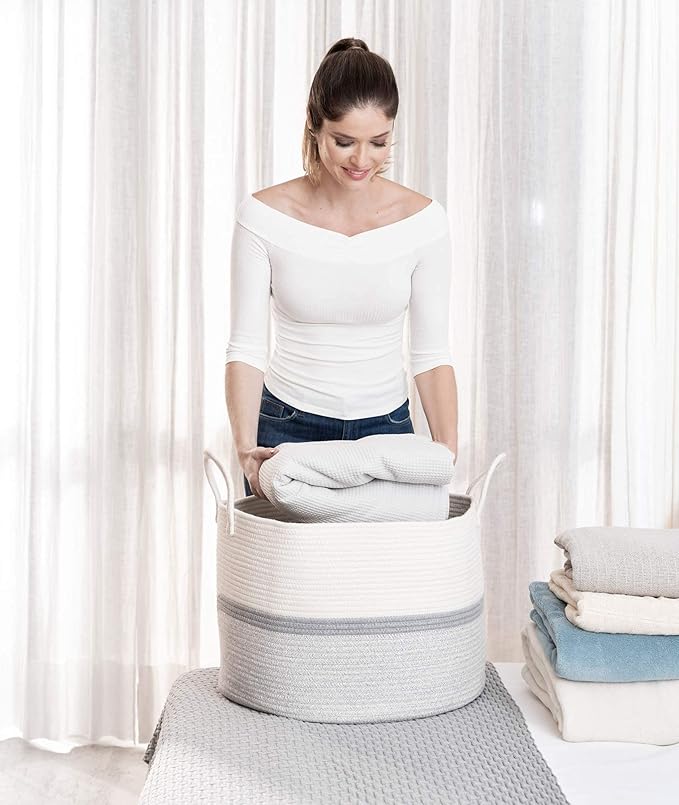 OrganiHaus Extra Large Blanket Basket for Living Room 20x13, Natural Cotton Rope Laundry Basket, Sturdy Hamper for Toy Storage, Cushions & Pillows Storage Bin, Nursery Decor Hamper - White/Gray-Ruum Studio Home