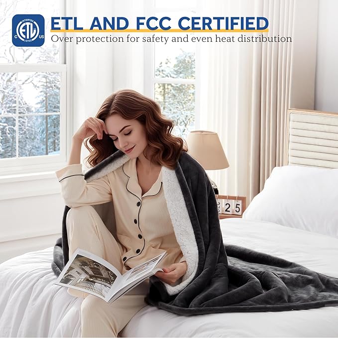 Sealy Electric Blanket Twin Size 62"*84",Super Cozy Flannel to Sherpa Reversible Heated Twin Blanket with 10 Heating Levels & 1-12 Hours Auto Off Overheating Protection Machine Washable, Charcoal-Ruum Studio Home