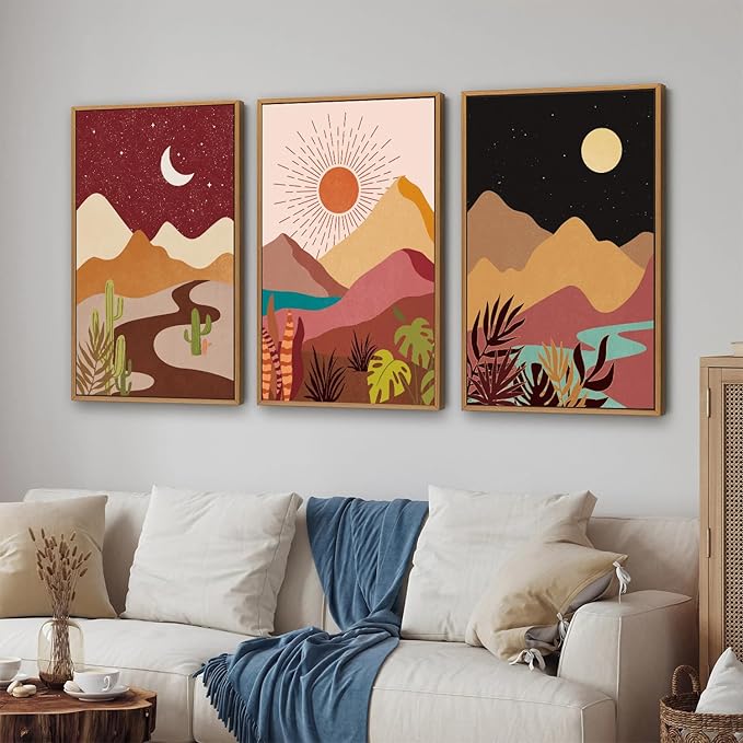 SIGNINART Boho Desert Framed Canvas Wall Art Set of 3, Colorful Sun and Moon Art Prints, Bohemian Modern Cactus Art Paintings, Southwestern Landscape Wall Decor for Living Room, Bedroom, Office 16"x24"-Ruum Studio Home
