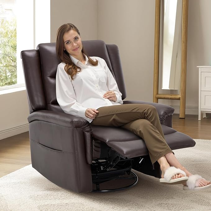 COLAMY Oversized Leather Recliner Chair, 360°Swivel Rocking Manual Recliner with Thick Cushioned Padding Backrest and Wide Seat - Darkbrown-Ruum Studio Home