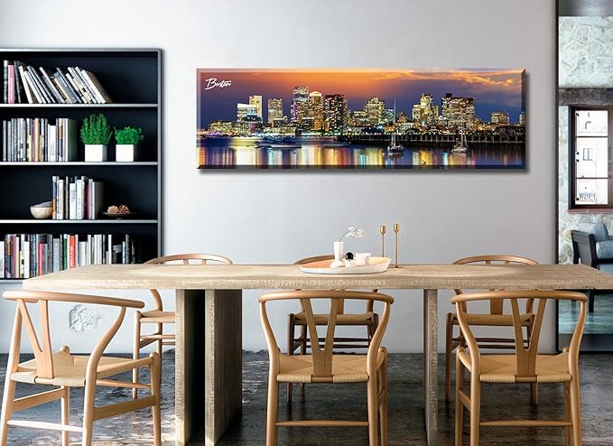 DJSYLIFE Boston Skyline Wall Art Canvas Prints Colorful USA City Night Pictures Modern Panoramic Cityscape Posters Paintings for Bedroom Office Decor, Ready to Hang 13.8"x45.3"-Ruum Studio Home