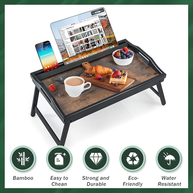 2 Pack Bed Tray Table Breakfast Trays Serving Tray Bamboo Bed Laptap Floding Legs with Handles and Phone Holders-Ruum Studio Home