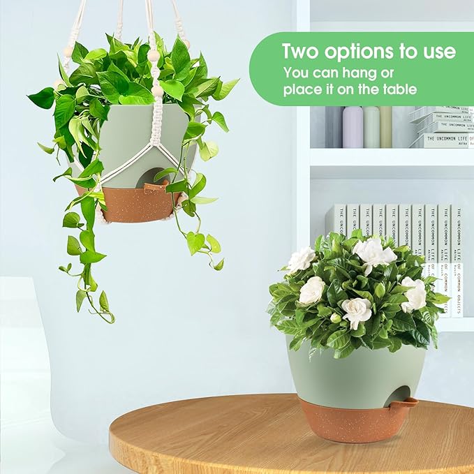 Hanging Planters for Indoor Outdoor Plants, 2 Pack Self Watering Hanging Pot with Drainage Holes, Removable Tray & 2 Kinds of Plant Hangers, 10'' Hanging Flower Pots for Home Garden Decor, Green-Ruum Studio Home