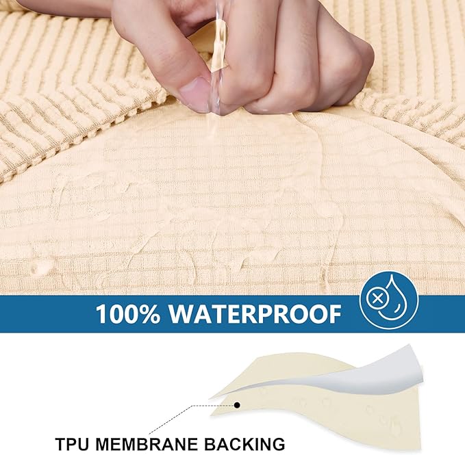 hyha Waterproof Couch Cushion Covers for Pets, Non Slip Sofa Seat Cover for Dogs Washable, Soft Thick Stretch Jacquard Fabric, Sofa Slipcovers with Elastic Bottom (1 Piece for Medium, Beige)-Ruum Studio Home