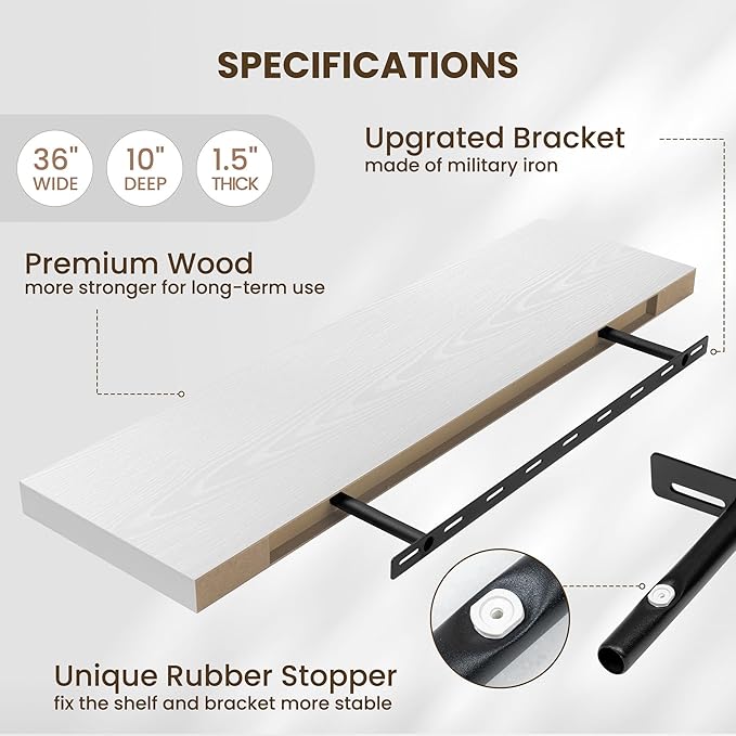 Floating Shelves Set of 2, 36 Inch Long Wooden Wall Shelves, 10 Inch Deep Wall Mounted Storage Shelf with Metal Brackets for Living Room, Bathroom, Bedroom and Kitchen, White-Ruum Studio Home