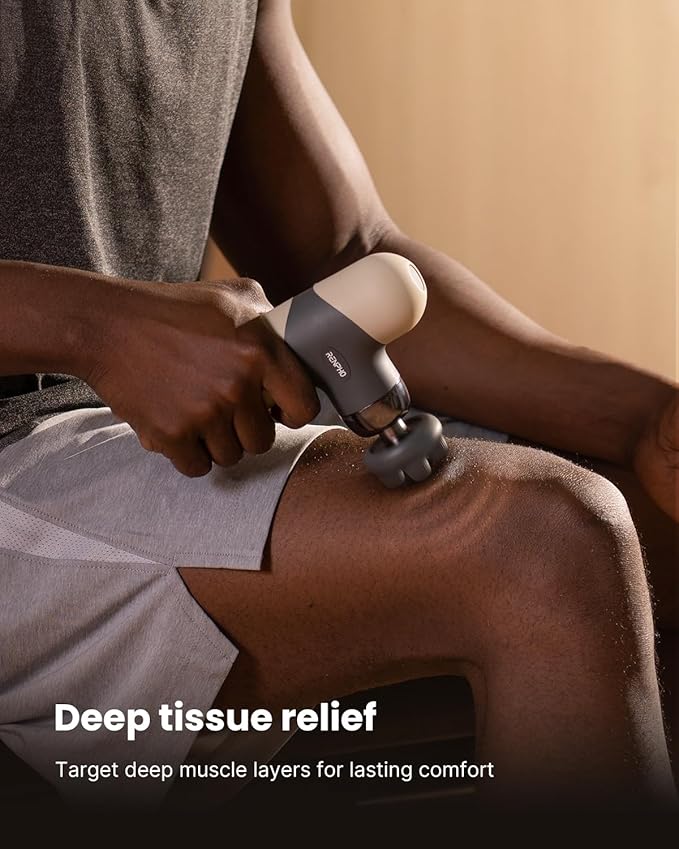 RENPHO Mini Thermal Massage Gun with Heat, Portable Deep Tissue Percussion Massager, Color Silicone Sleeves Travel Size with Carry Case, Grey-Ruum Studio Home