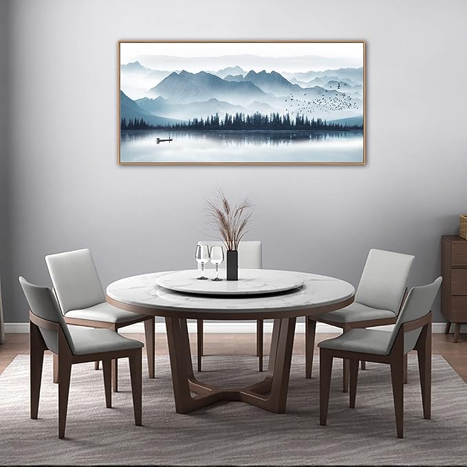 Indigo Framed Canvas Wall Art Misty Mountain Wall Pictures Foggy Lake Boat Canvas Painting Prints Forest Birds Canvas Wall Decor for Living Room Bedroom Decorations Natural Framed 24" x 48"-Ruum Studio Home