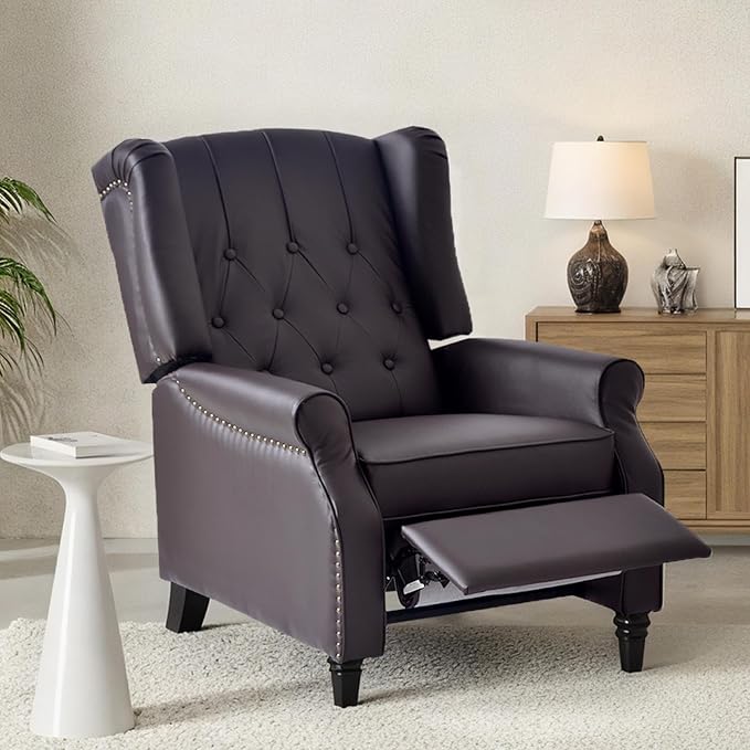 Softa Recliner Chair for Adults, Mid Century Wingback Pushback Accent Chair with Rivet Decoration, Tufted Upholstered Single Sofa Armchair for Living Room, Bedroom, Study (PU, Brown)-Ruum Studio Home
