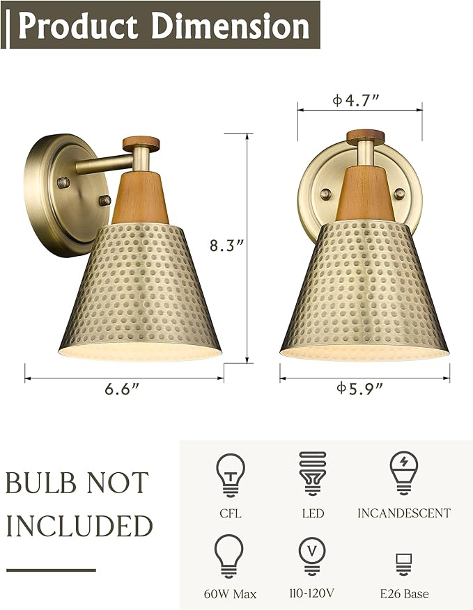 FEMILA 1-Light Vintage Wall Sconces, Antique Brass Industrial Sconces Wall Lighting, Single Bathroom Vanity Light Fixtures Wall Mount Lamp, Hammered Metal Shade,4FG59B BG-Ruum Studio Home