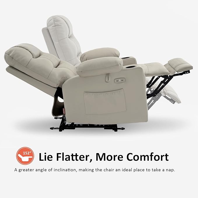 MCombo Zero Gravity Power Recliner Chair with Heat and Vibration Massage, Reclining Chair with USB Ports, Cup Holders for Living Room, Faux Leather PR621 (Light Grey)-Ruum Studio Home