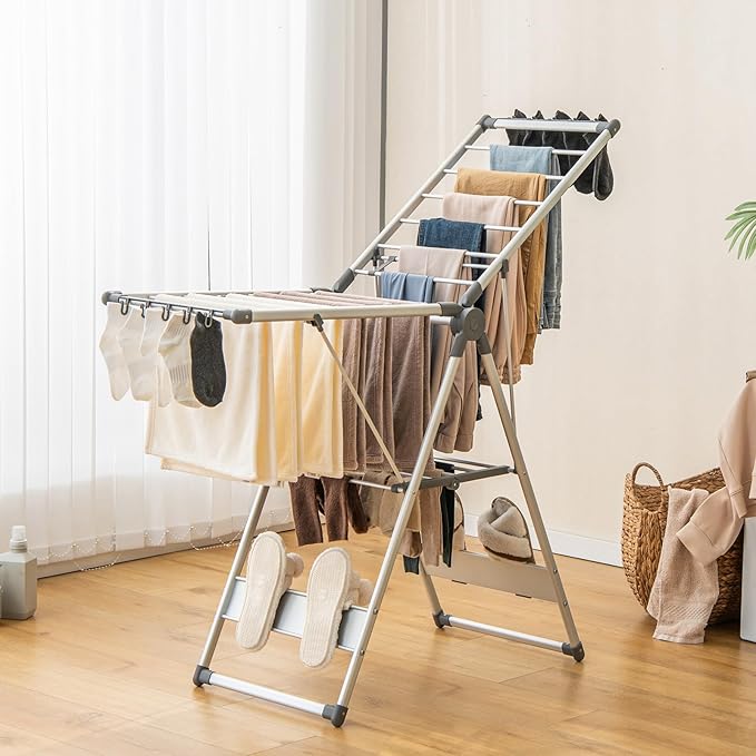 Giantex Clothes Drying Rack, 2-Layer Aluminum Foldable Laundry Drying Rack with 5-Level Adjustable Height, 21 Drying Rails, 10 Side Clips, 4 Shoe Holders, Space Saving Collapsible Laundry Drying Rack-Ruum Studio Home