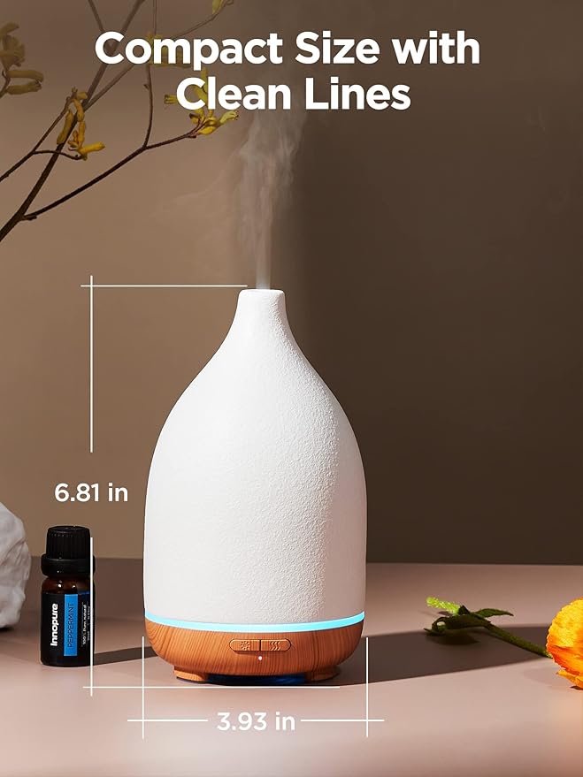 InnoGear Oil Diffuser, 150ML Ceramic Diffuser for Essential Oils Handcrafted Aromatherapy Diffuser Ultrasonic Cool Mist Humidifier with 2 Mist Modes Waterless Auto Off for Room Office, White-Ruum Studio Home